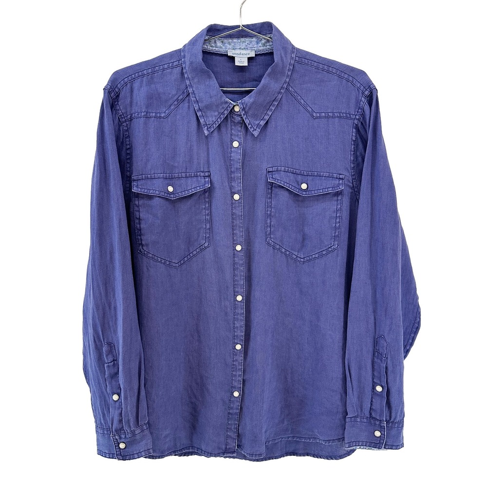 SUNDANCE 100% Linen Chambray Pearl Snap Button Up • Large • blue • Western Chic - Picture 8 of 8